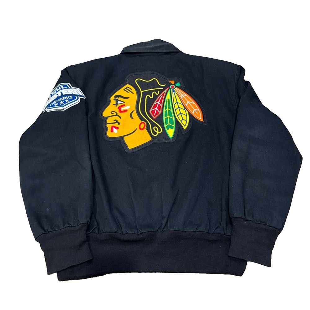 JH Design Chicago Blackhawks NHL Button-Up Varsity Jacket Jeff Hamilton Sz Large